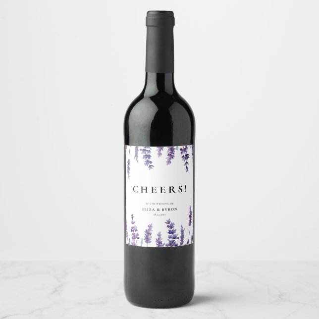 Elegant floral lavender wedding wine label (Front)