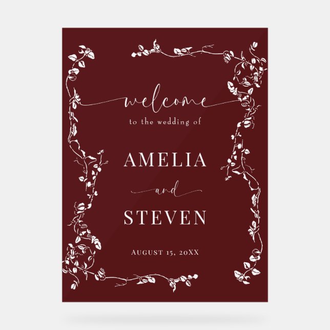 Elegant Floral Leaf Classic Wedding  Acrylic Sign (Front)