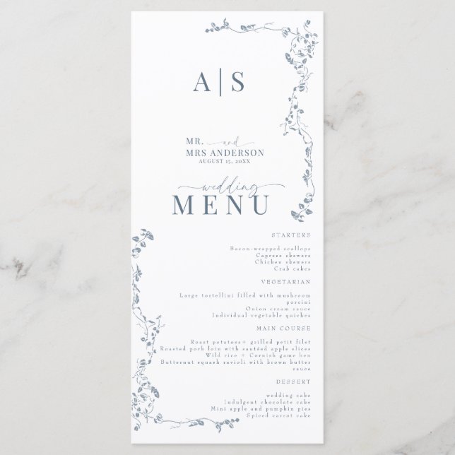 Elegant Floral Leaf Classic Wedding  Menu (Front)