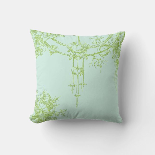 Elegant Floral, Leaf Green and Aqua Throw Pillow (Front)