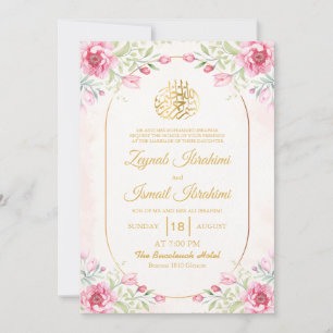 Elegant Floral, Leaves Pink Islamic Muslim Wedding Invitation