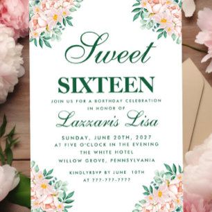 Elegant Floral Leaves Sweet Sixteen 16 Birthday  Invitation