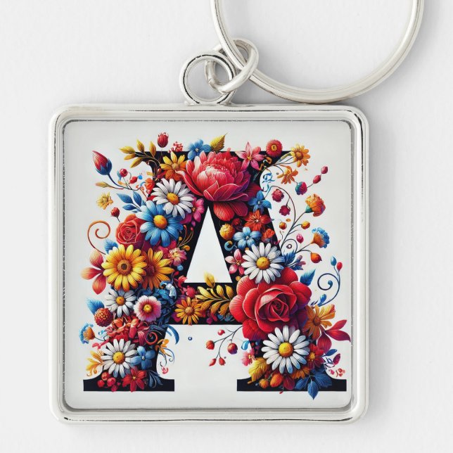 Elegant Floral Letter A Design Keychain (Front)