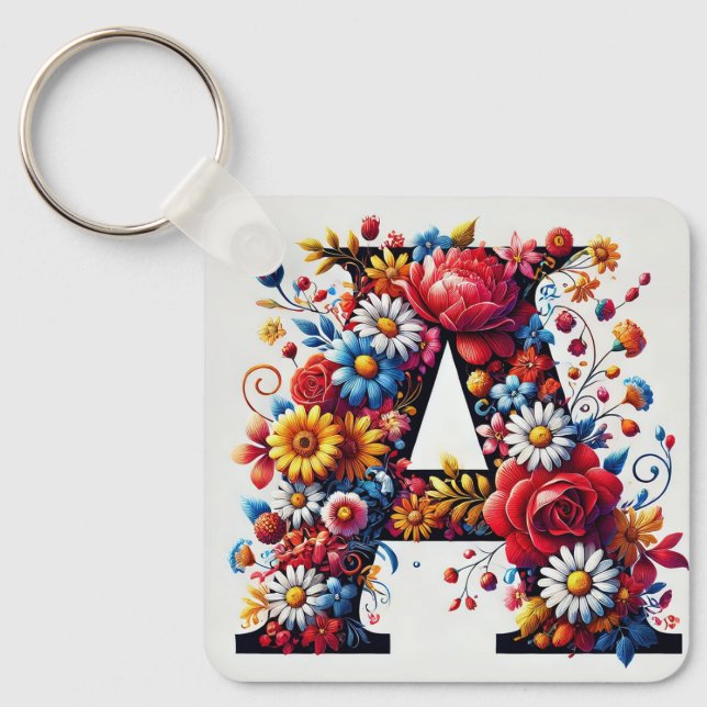 Elegant Floral Letter A Design Keychain (Front)