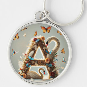 Elegant Floral Letter A Design with Swan Keychain