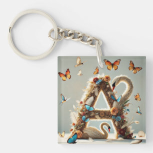 Elegant Floral Letter A Design with Swan Keychain