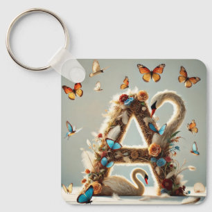 Elegant Floral Letter A Design with Swan Keychain