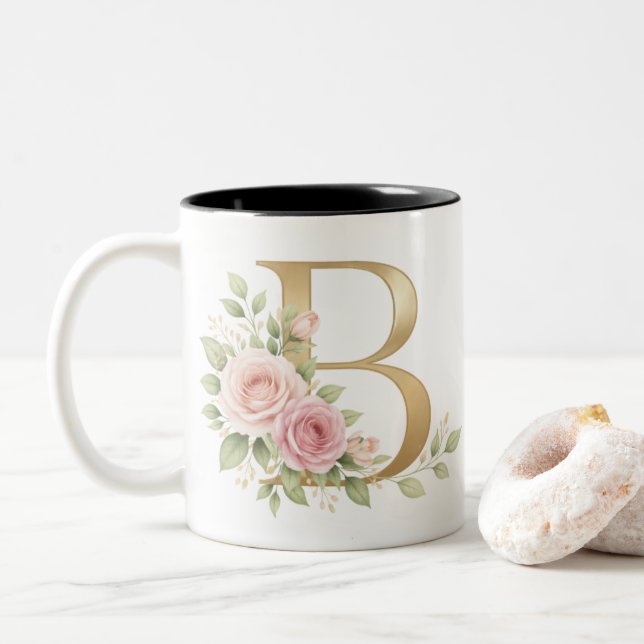 Elegant Floral Letter B Monogram Mug  Personalize (With Donut)