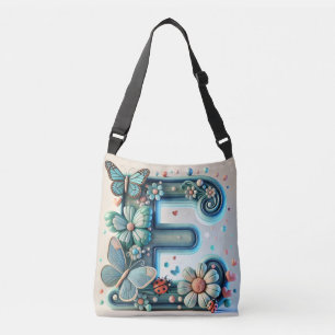 Elegant Floral Letter E with Butterflies Crossbody Bag