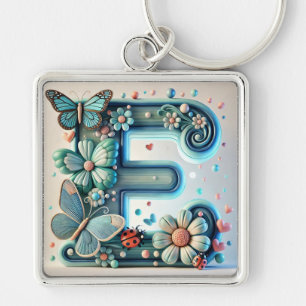 Elegant Floral Letter E with Butterflies Keychain