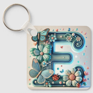 Elegant Floral Letter E with Butterflies Keychain