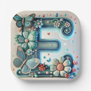 Elegant Floral Letter E with Butterflies Paper Plate