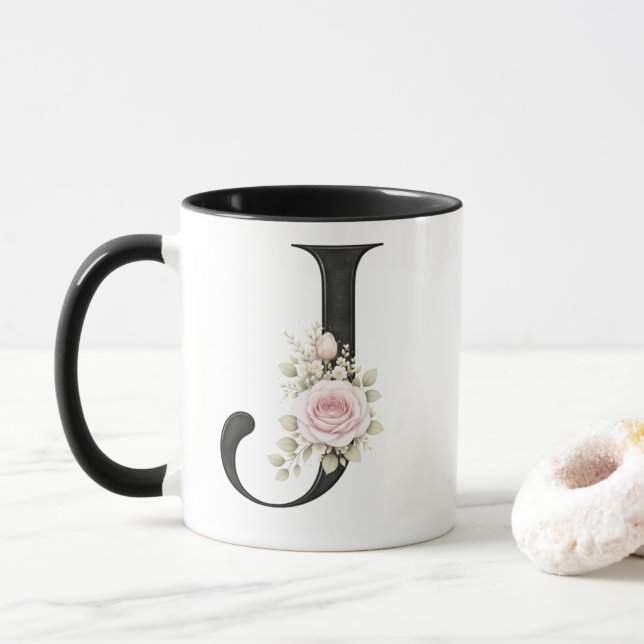 Elegant Floral Letter J Monogram Logo Mug (With Donut)