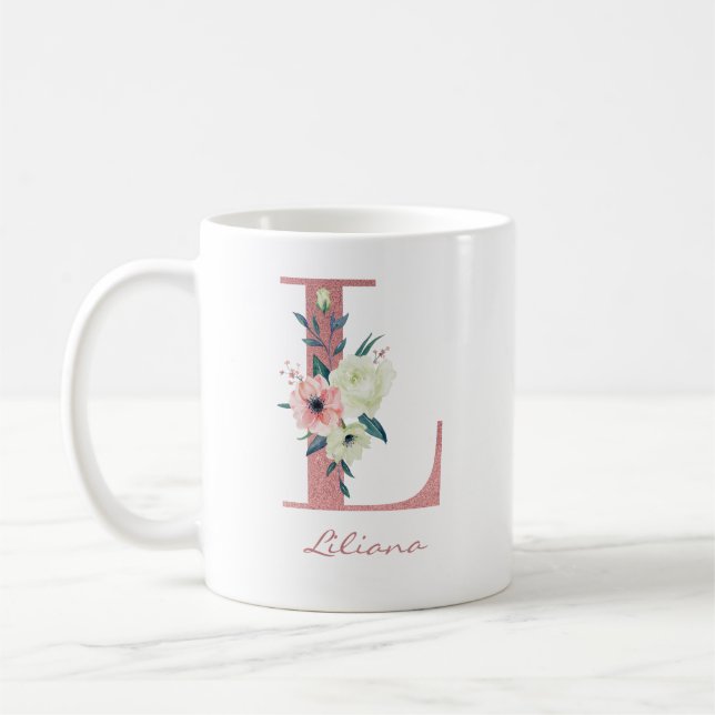 Elegant Floral Letter L Pink and Ivory Bouquet Coffee Mug (Left)