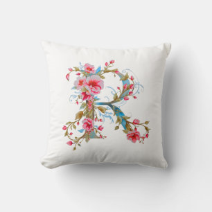Elegant Floral Letter R Monogram Pillow