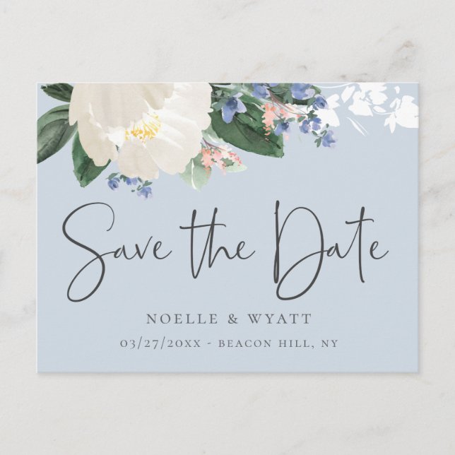 Elegant Floral Light Blue Wedding Save the Date Announcement Postcard (Front)