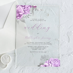Elegant Floral Lilac Silver Script Wedding Acrylic Invitations