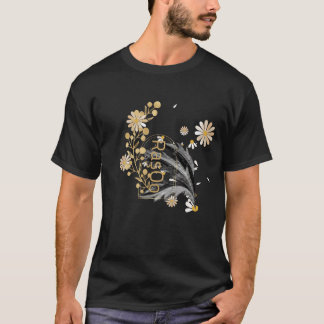 ​Elegant Floral Line Art Botanical Black T-Shirt