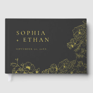 Elegant Floral Line Art Charcoal Wedding Foil Guest Book