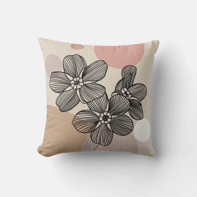 Elegant Floral Line Art with Abstract Circle Throw Pillow (Front)