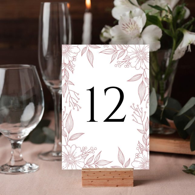 Elegant Floral Line Drawing Blush Pink Wedding Table Number (Creator Uploaded)