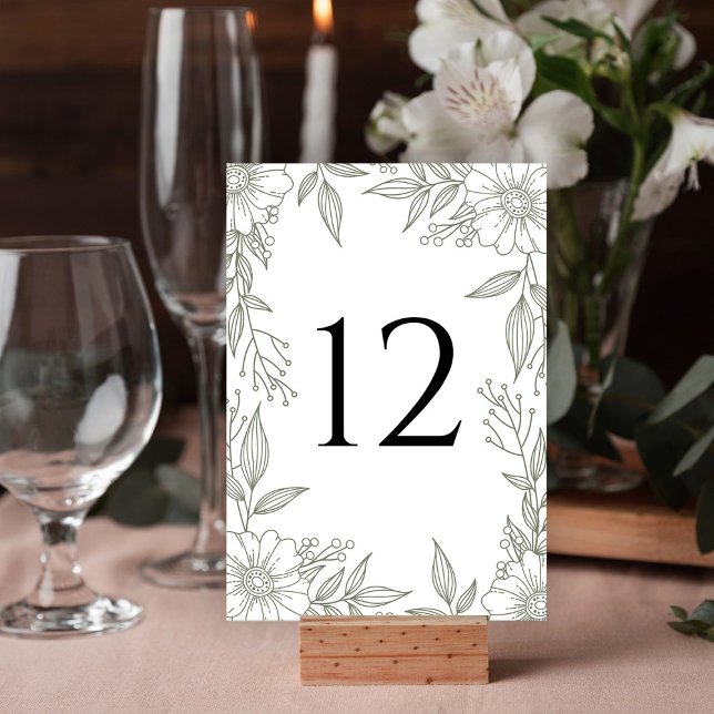 Elegant Floral Line Drawing Sage Green Wedding Table Number (Creator Uploaded)