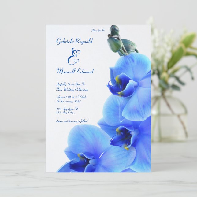 Elegant Floral Love Blue Orchids Wedding Invitation (Standing Front)