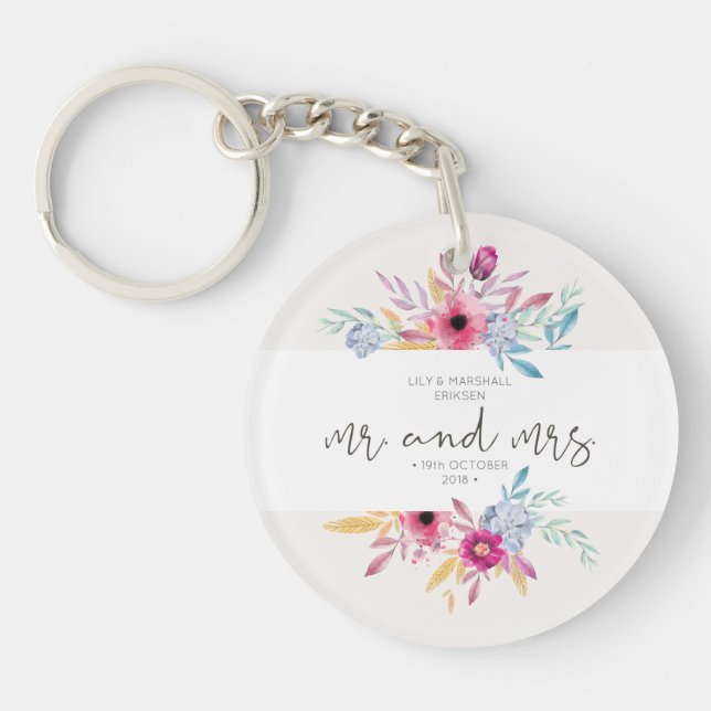 Élégant Floral M. & Mme Mariage| Porte - clé (Devant)