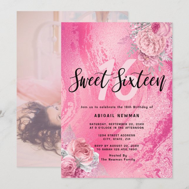 Elegant floral magenta pink glitter sweet sixteen invitation (Front/Back)