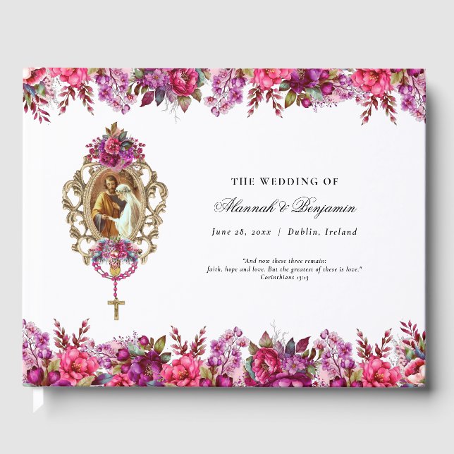 Elegant Floral Magenta Spring Catholic Wedding Guest Book (Front)