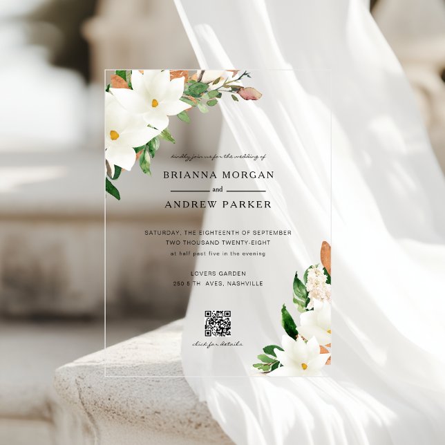 Elegant  Floral Magnolia QR Code Wedding Acrylic Invitations (Elegant Floral Magnolia QR Code Wedding Acrylic Invitations)