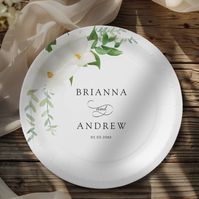 Elegant Floral Magnolia Wedding  Paper Plate (Elegant Floral Magnolia Wedding Paper Plates)