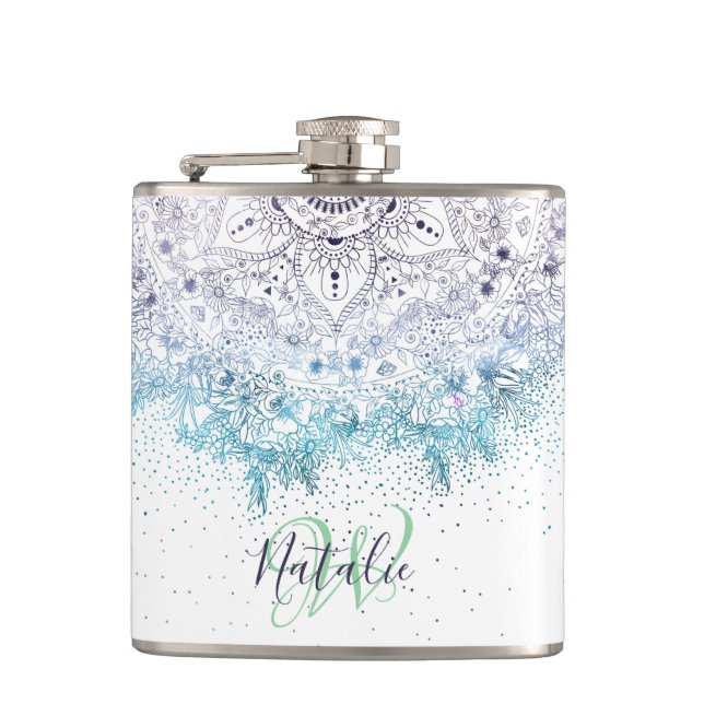 Elegant floral mandala and confetti image hip flask (Front)