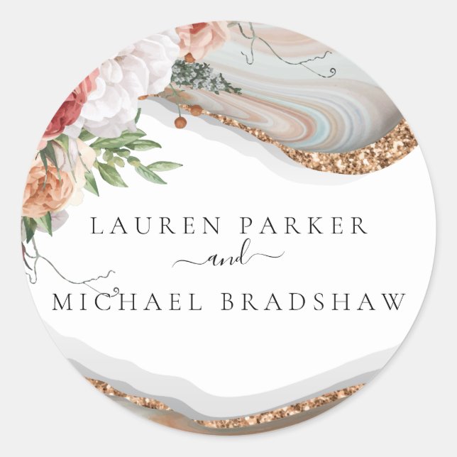 Elegant Floral Marble Glitter Wedding Classic Round Sticker (Front)