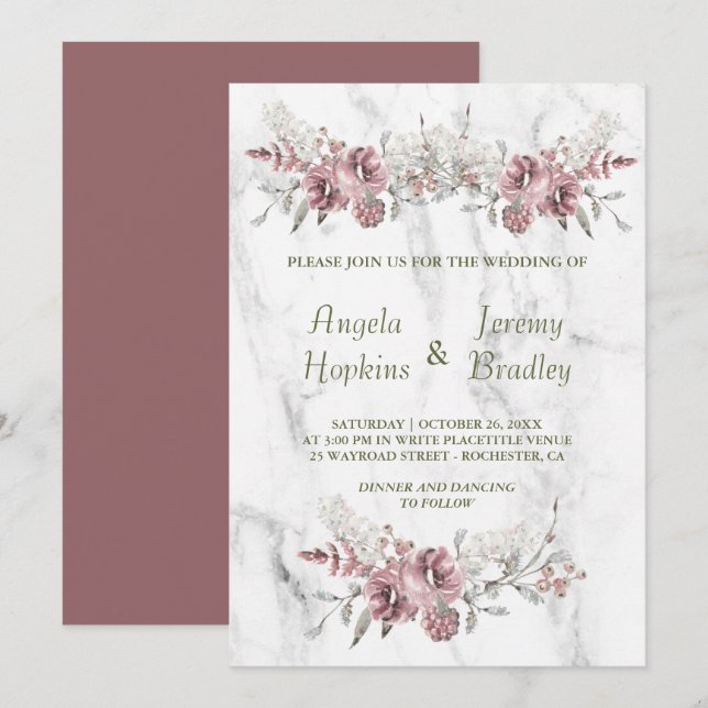 Elegant Floral Marble Watercolor Wedding Invitation (Front/Back)
