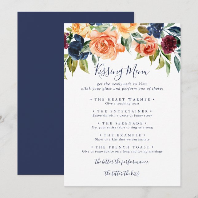 Élégant Floral Mariage Kissing Menu Carte de jeu (Devant / Derrière)