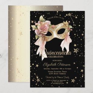 Elegant Floral Masque Stars Black Gold Quinceañera Invitation