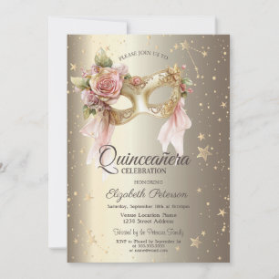 Elegant Floral Masque Stars Gold Quinceañera Invitation