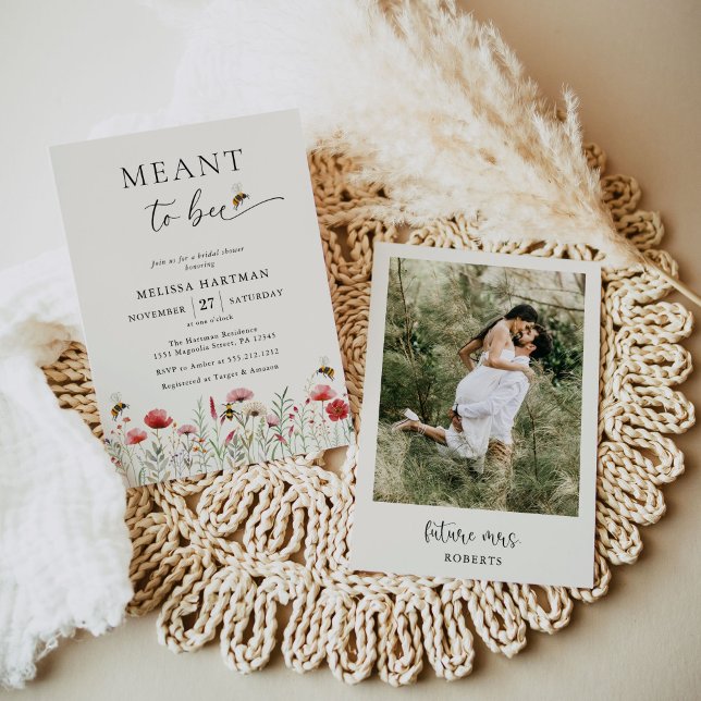 Elegant Floral Meant To Bee Photo Bridal Shower Invitation (Creator Uploaded)