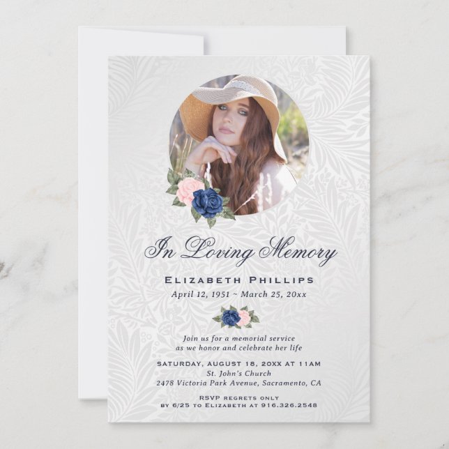 Elegant Floral Memorial Service Funeral Photo Invitation (Front)