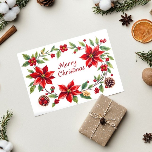 Elegant Floral Merry Christmas with Pine Cones Card (Creator Uploaded)