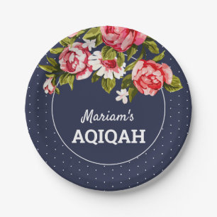 Elegant Floral Midnight Blue Baby Girl Aqiqah Paper Plate