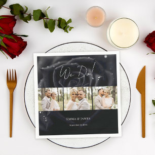 Elegant Floral Midnight Rose Photo Collage Wedding Napkin