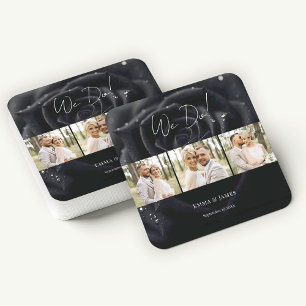 Elegant Floral Midnight Rose Photo Collage Wedding Square Paper Coaster