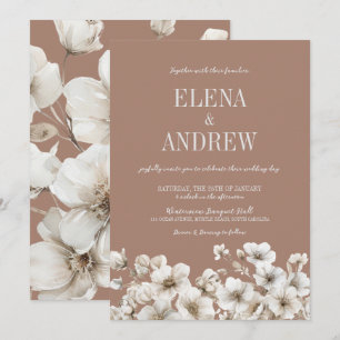 Elegant Floral Mocha Brown and White Wedding Invitation