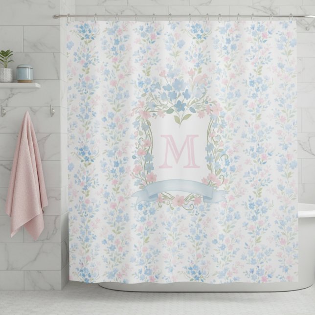 Elegant Floral Monogram (elegant vintage grandmillennial pastel pink and blue flowers shower curtain with custom initial)
