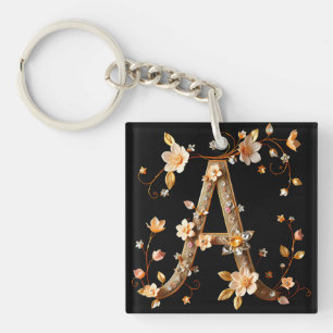 Elegant Floral Monogram A with Intricate Design Keychain