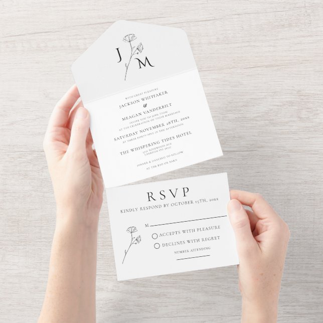 Elegant Floral Monogram All in One Wedding Invite (Tearaway)