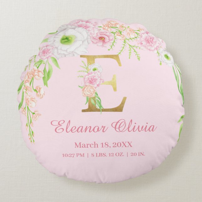 Elegant Floral Monogram Baby Stats Round Pillow (Front)