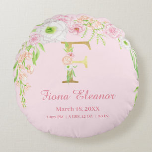 Elegant Floral Monogram Baby Stats Round Pillow